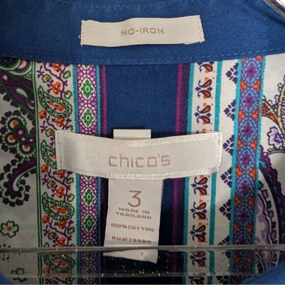 Chicos 3 Paisley No Iron Shirt Womens Size XL Blue Floral Window Pane Button Up - Picture 4 of 9